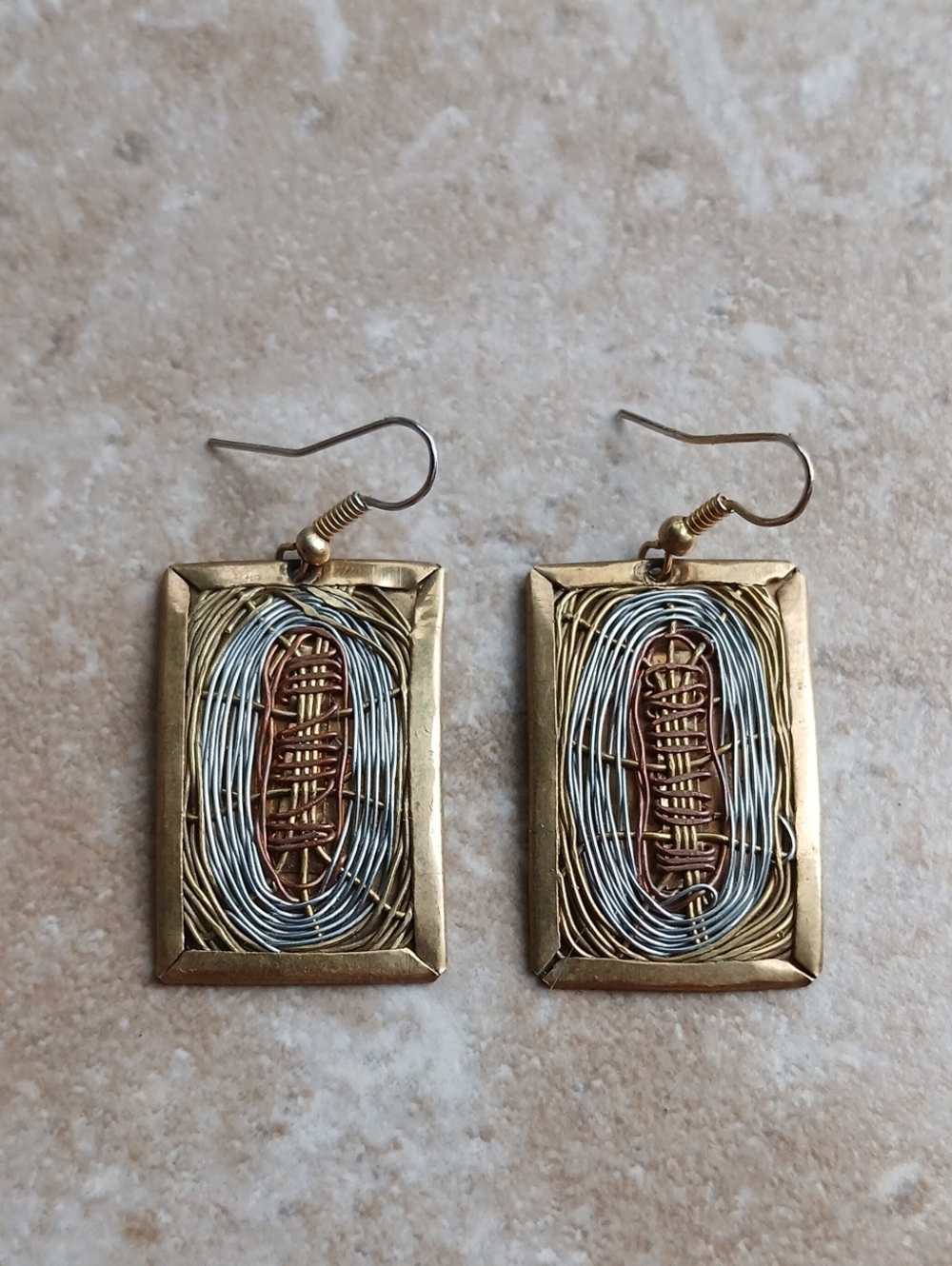 Artisan Brass, Silver and Copper Rectangular Wire Inset Drop Earrings
